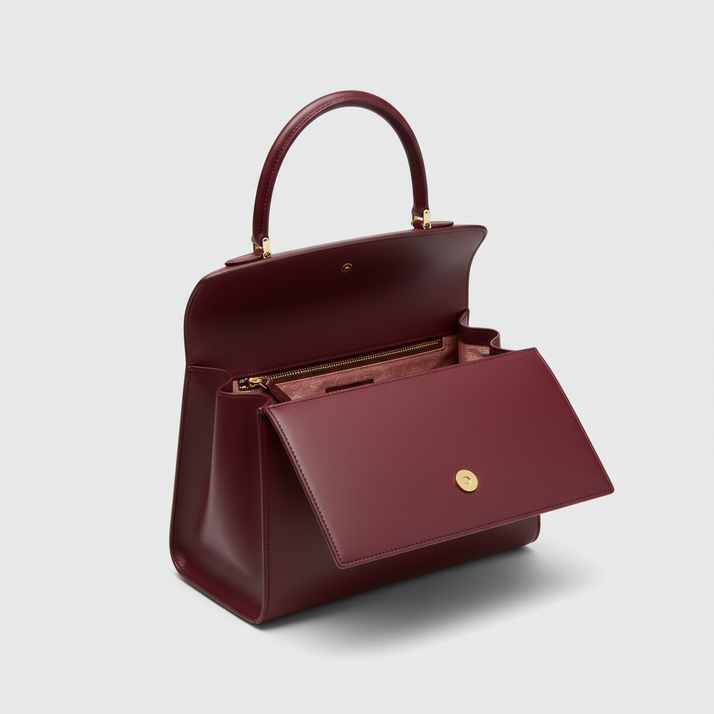 Noir Top Handle Satchel in Burgundy leather, open interior view