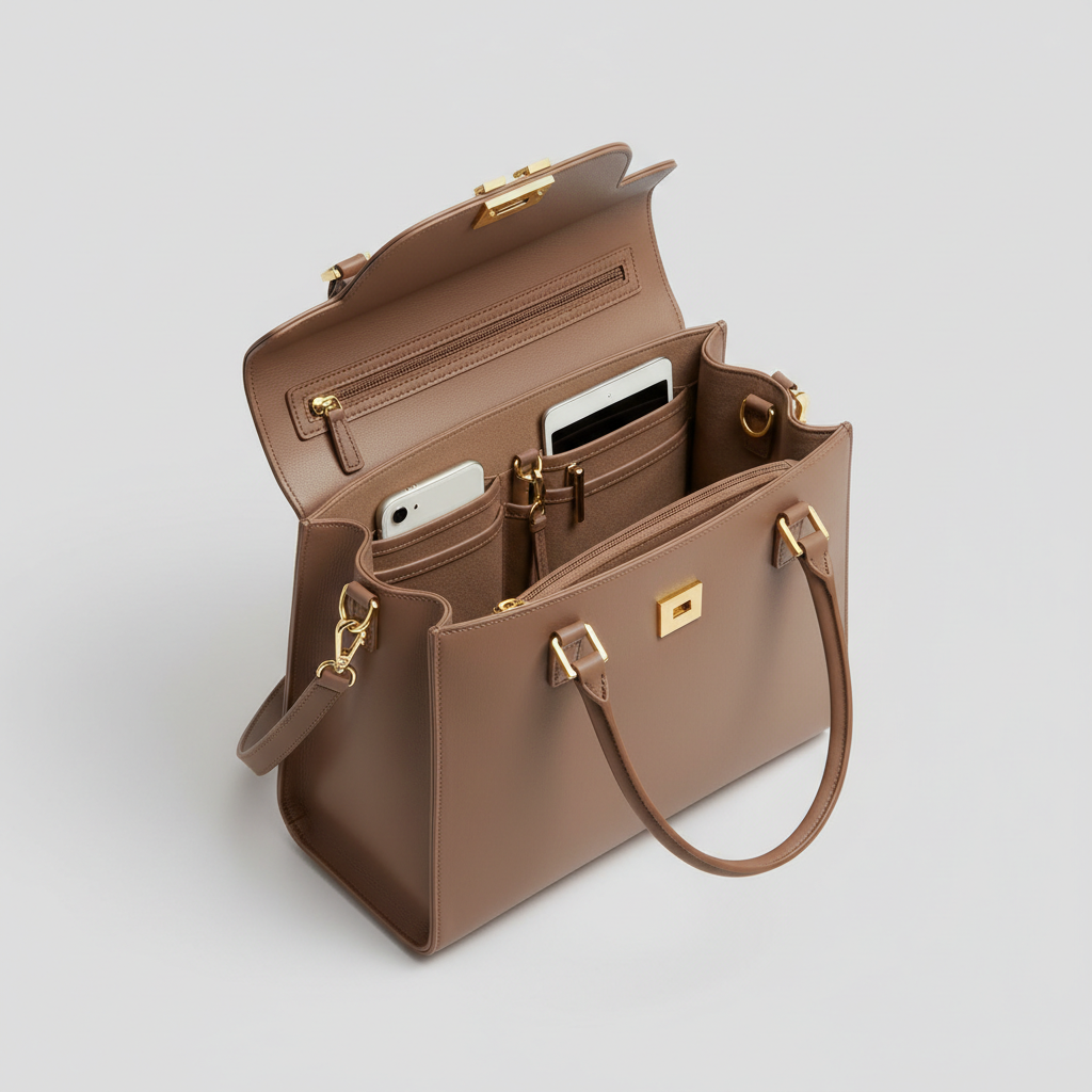 Emma Daily Work Bag - Taupe - Open Interior View