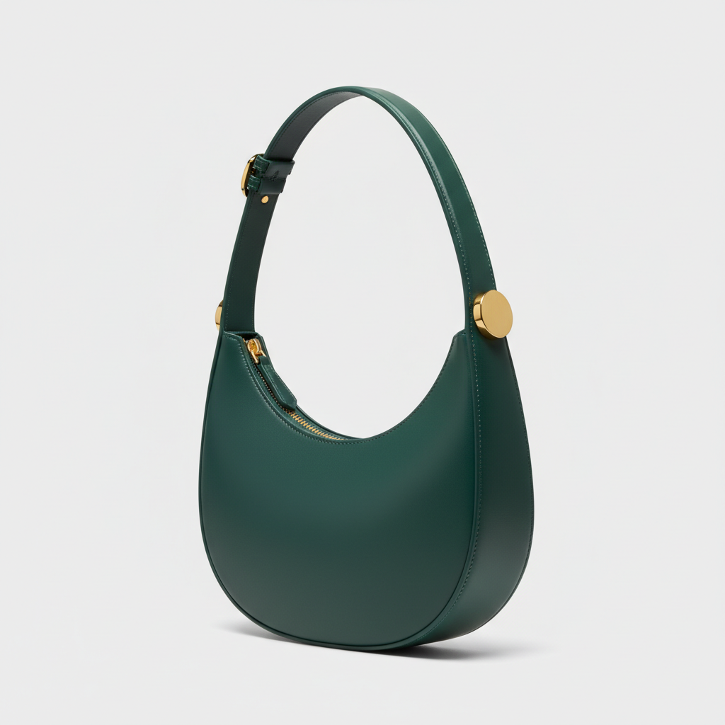 Noir Crescent Shoulder Bag in Petrol Green leather, front angle view