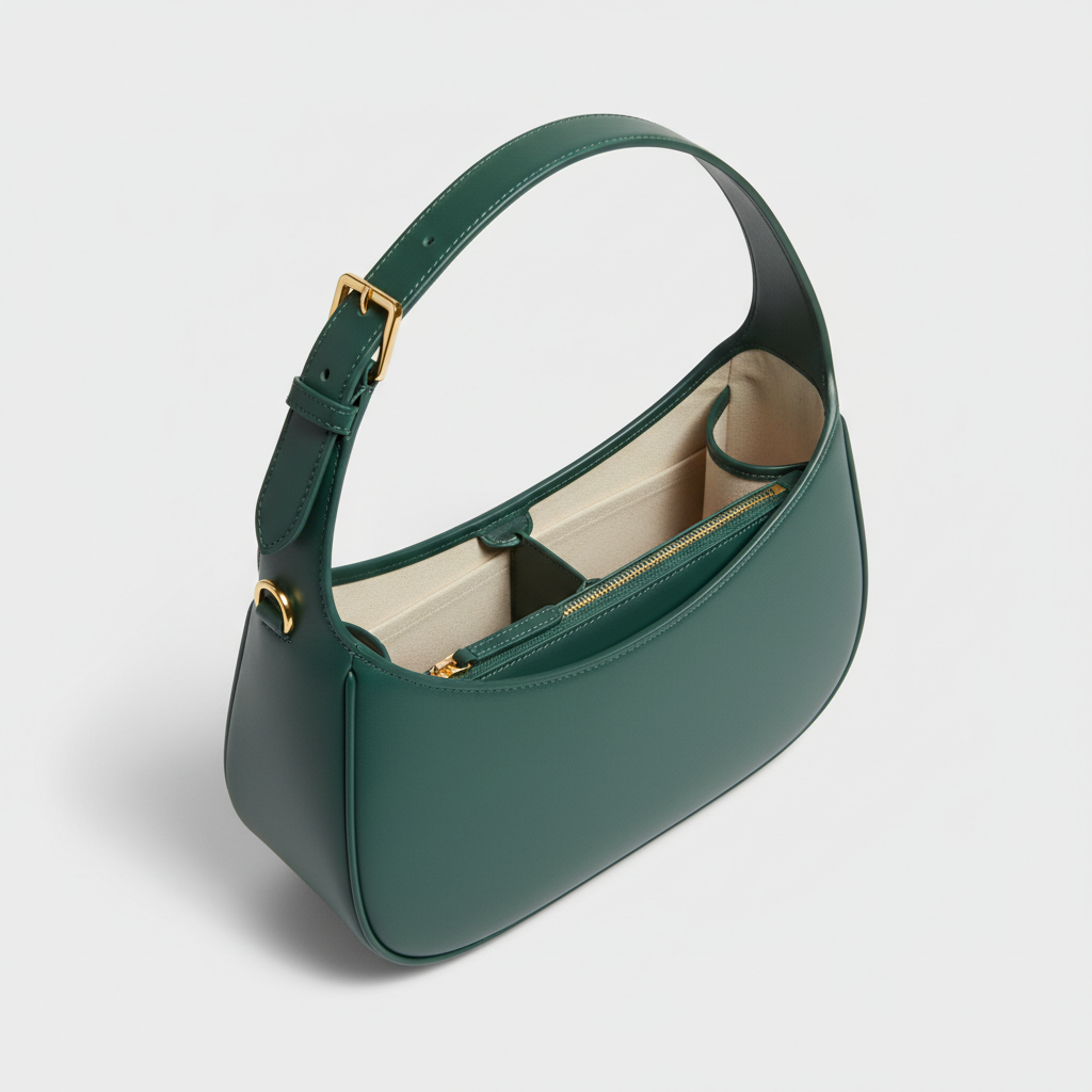 Noir Crescent Shoulder Bag in Petrol Green leather, open interior view
