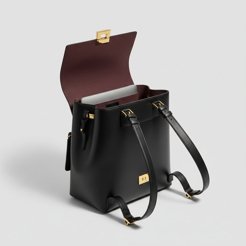 Noir Signature Backpack in Black leather, open interior view