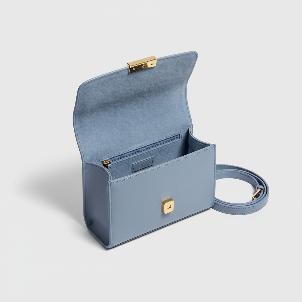 Celeste Compact Shoulder Bag in Powder Blue – Open Interior View