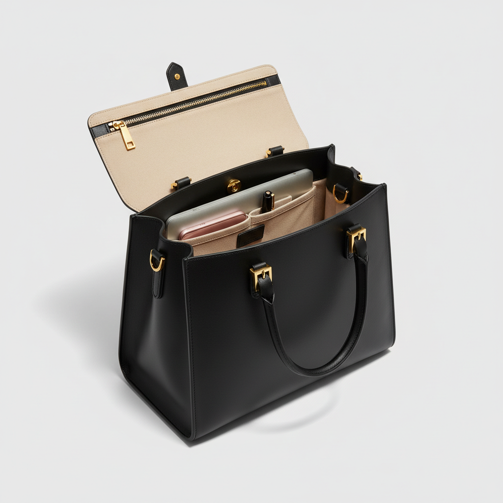 Amelia Office Tote - Black - Open Interior View
