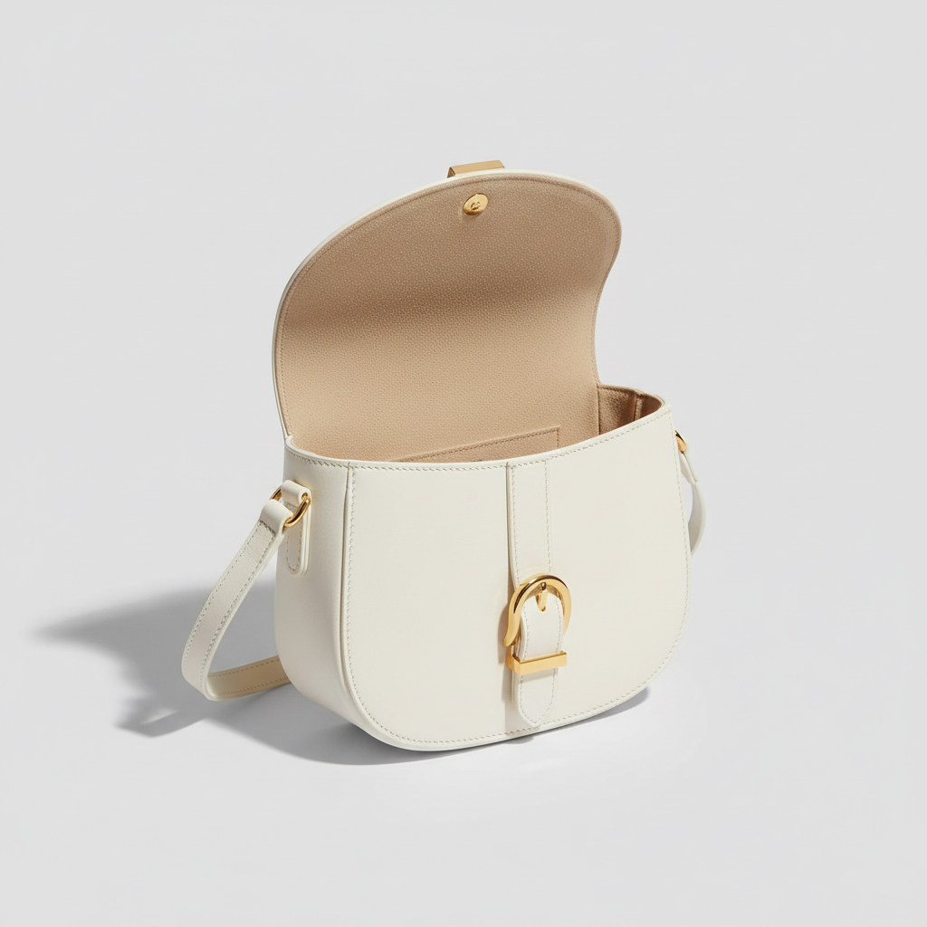 Stella Saddle Shoulder Bag in Ivory White – Open Interior View