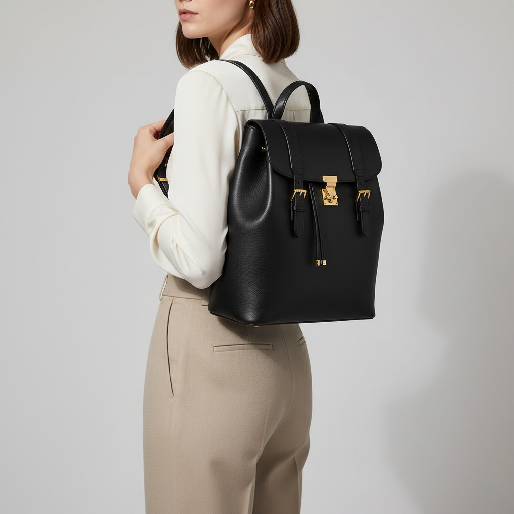 Noir Signature Backpack in Black leather, female model wearing backpack