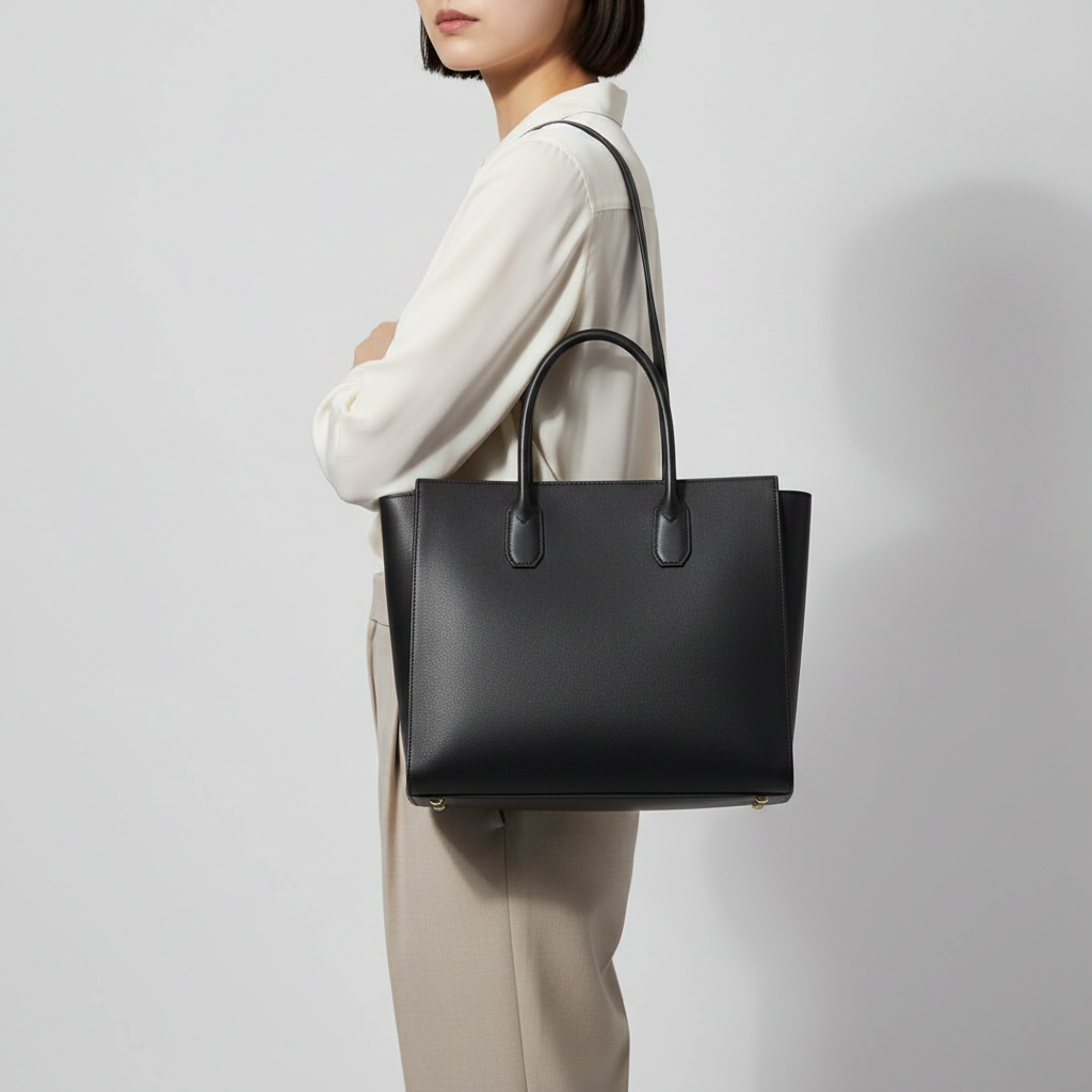 Noir Executive Tote in Black leather, professional model carrying bag