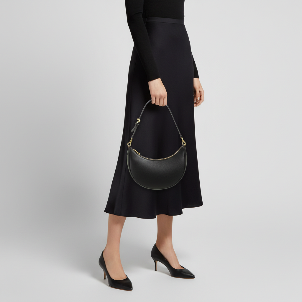 Aria Crescent Mini Bag in Black - Female Model Carrying Bag