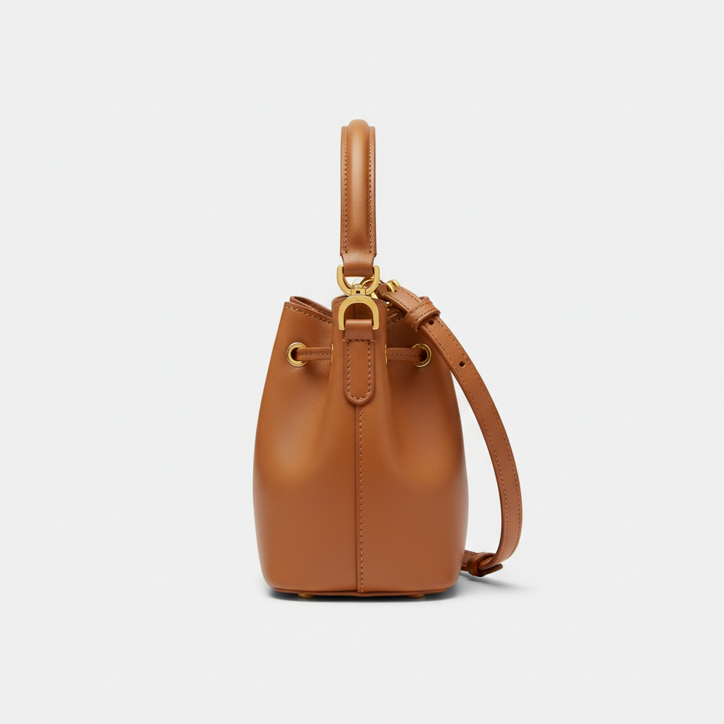 Petite Drawstring Mini Bag in Camel - Side Profile View