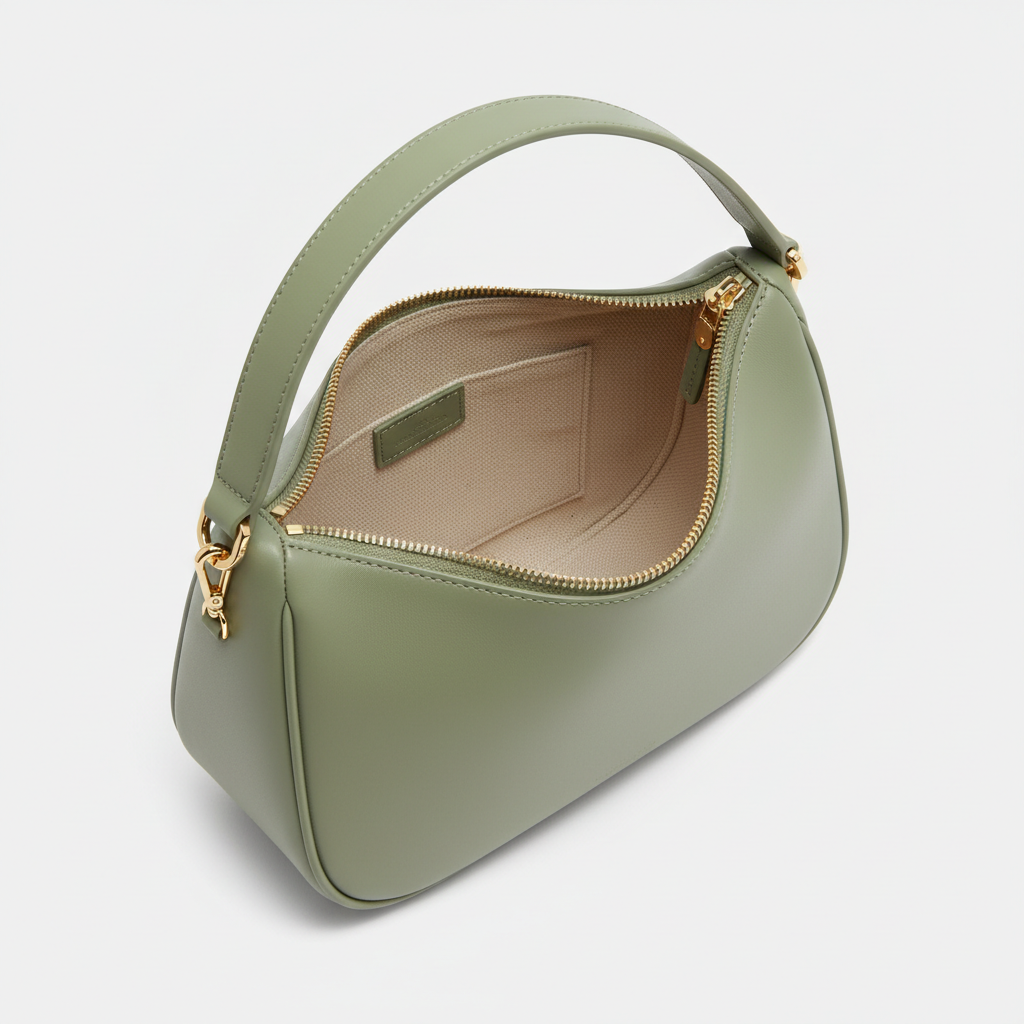 Luna Crescent Shoulder Bag Sage Green – Open Interior View