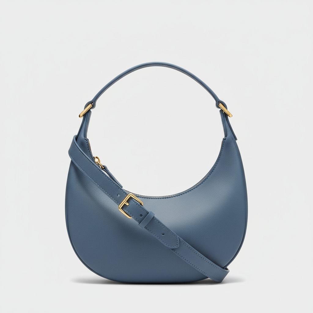 Le Gina Crescent Shoulder Bag — Blue Denim Hero Front View