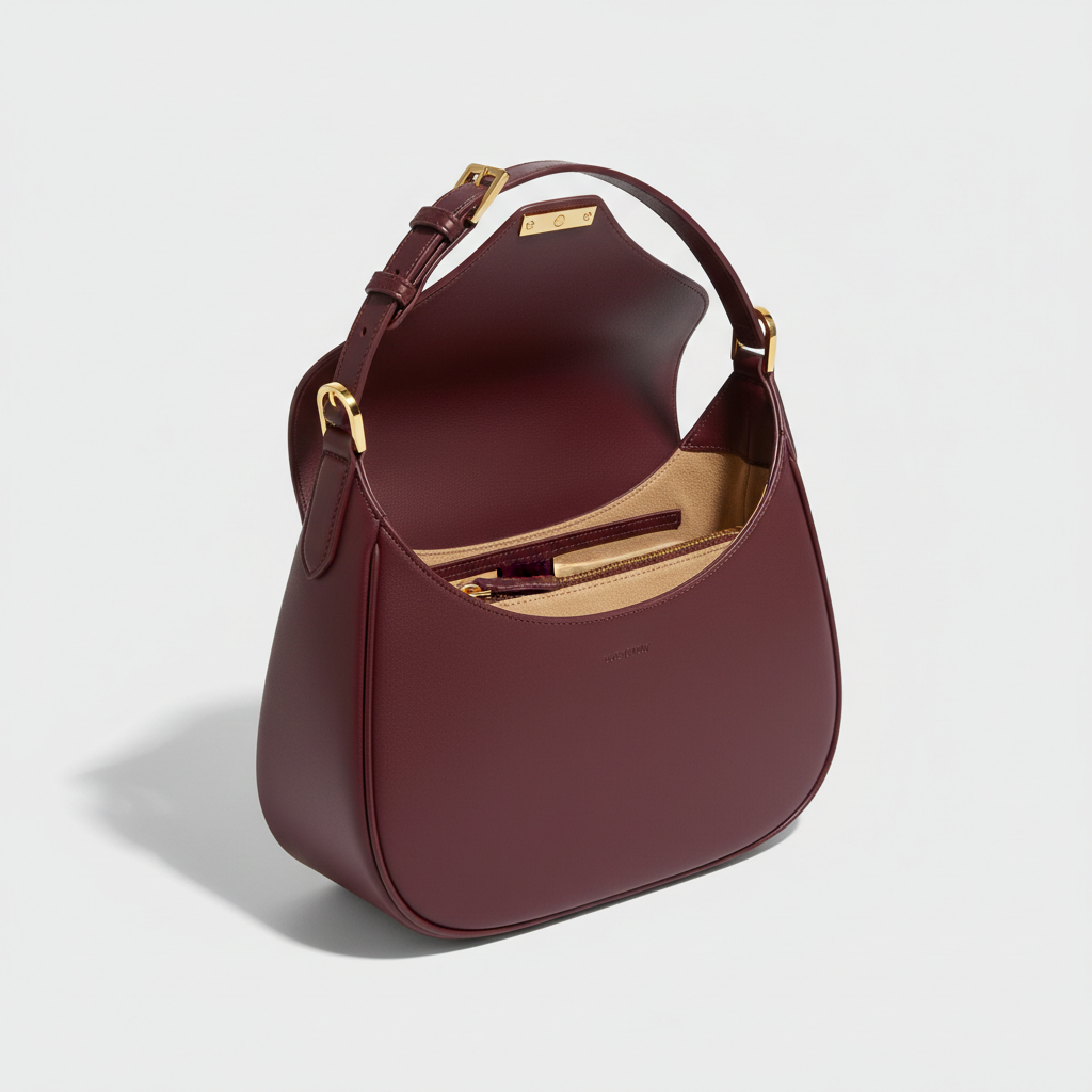 Noir Crescent Shoulder Bag in Burgundy leather, open interior view