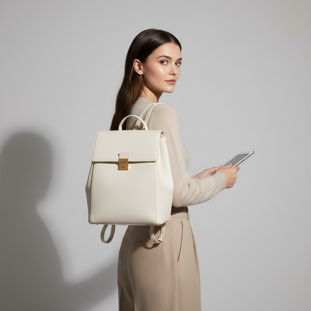 Noir Signature Backpack in Ivory leather, female model wearing backpack
