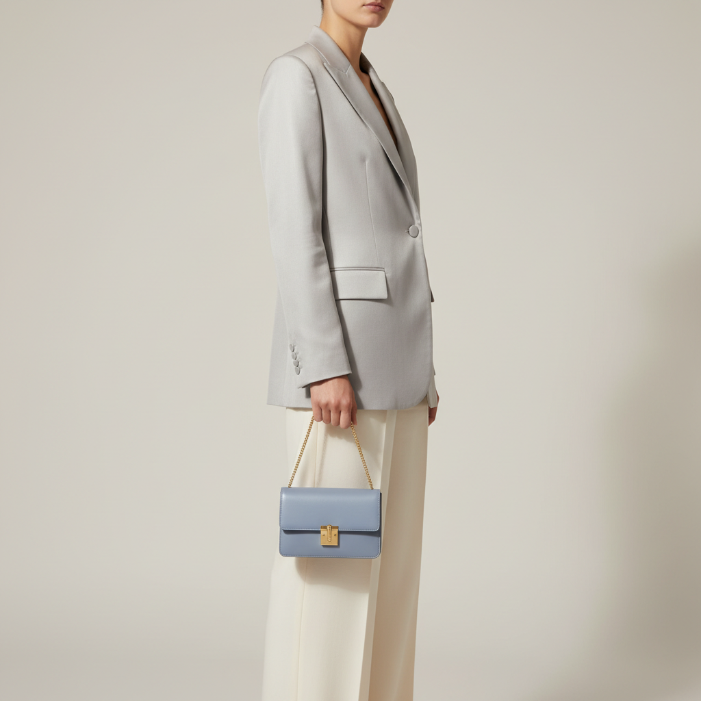 Luna Flap Mini Bag in Powder Blue - Female Model Carrying Bag