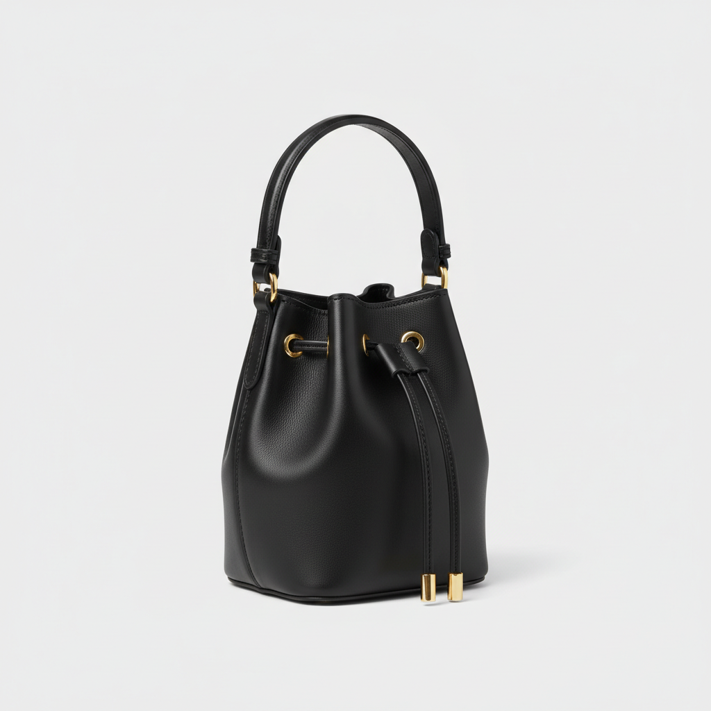 Petite Drawstring Mini Bag in Black - Front Angle View