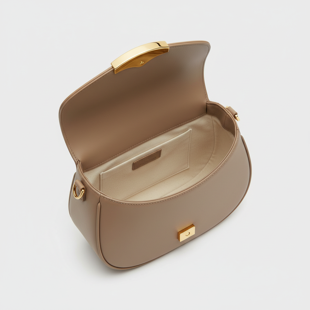 Luna Crescent Shoulder Bag Taupe – Open Interior View