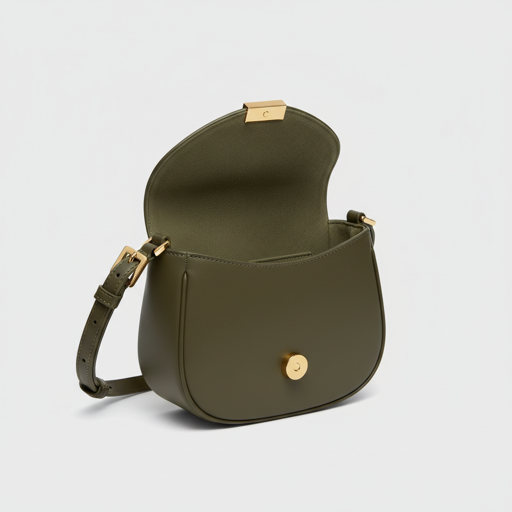 Aurora Mini Shoulder Bag in Deep Olive – Open Interior View