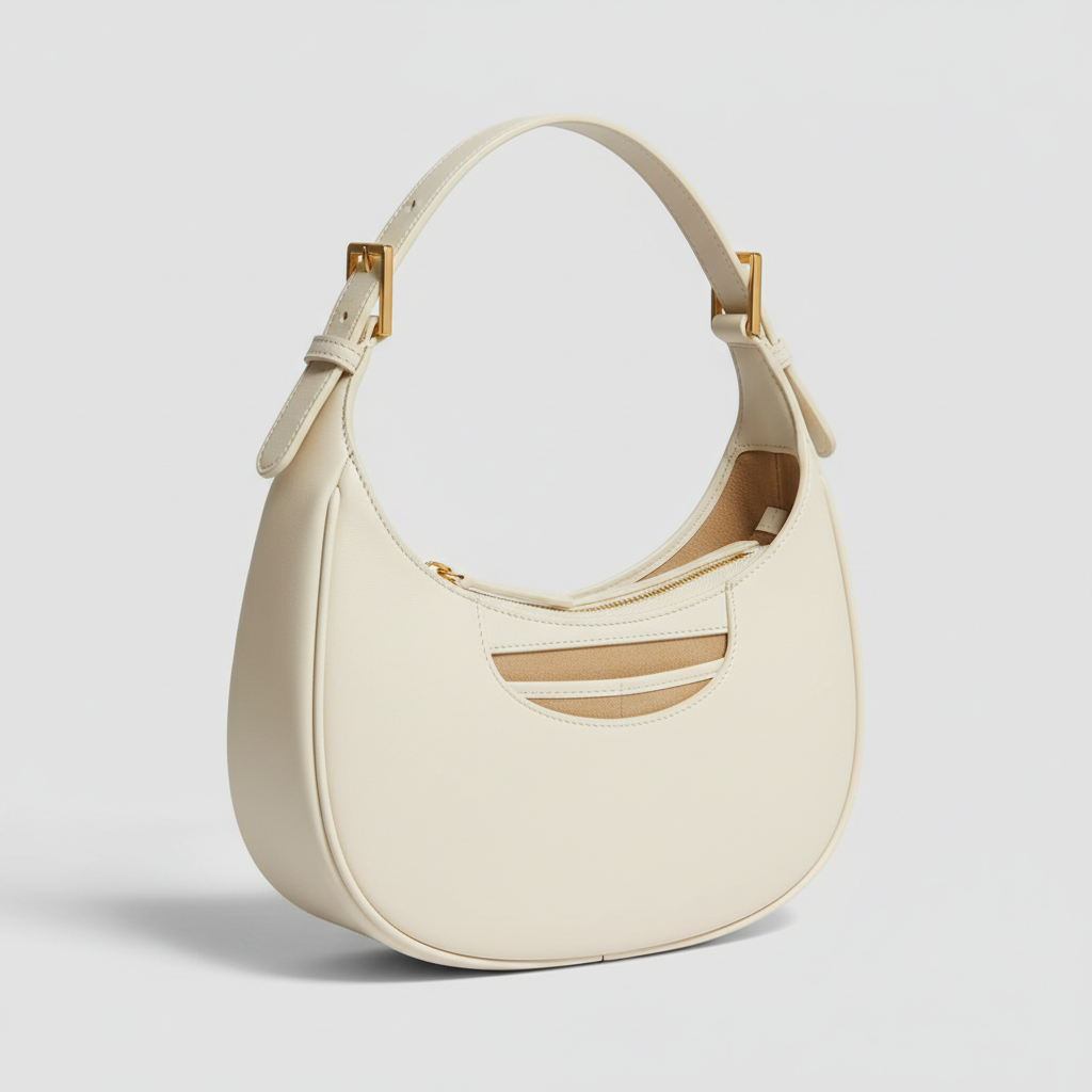 Noir Crescent Shoulder Bag in Ivory leather, open interior view