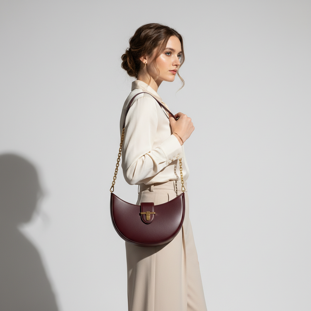 Le Gina Half Moon Bag — Burgundy Female Model