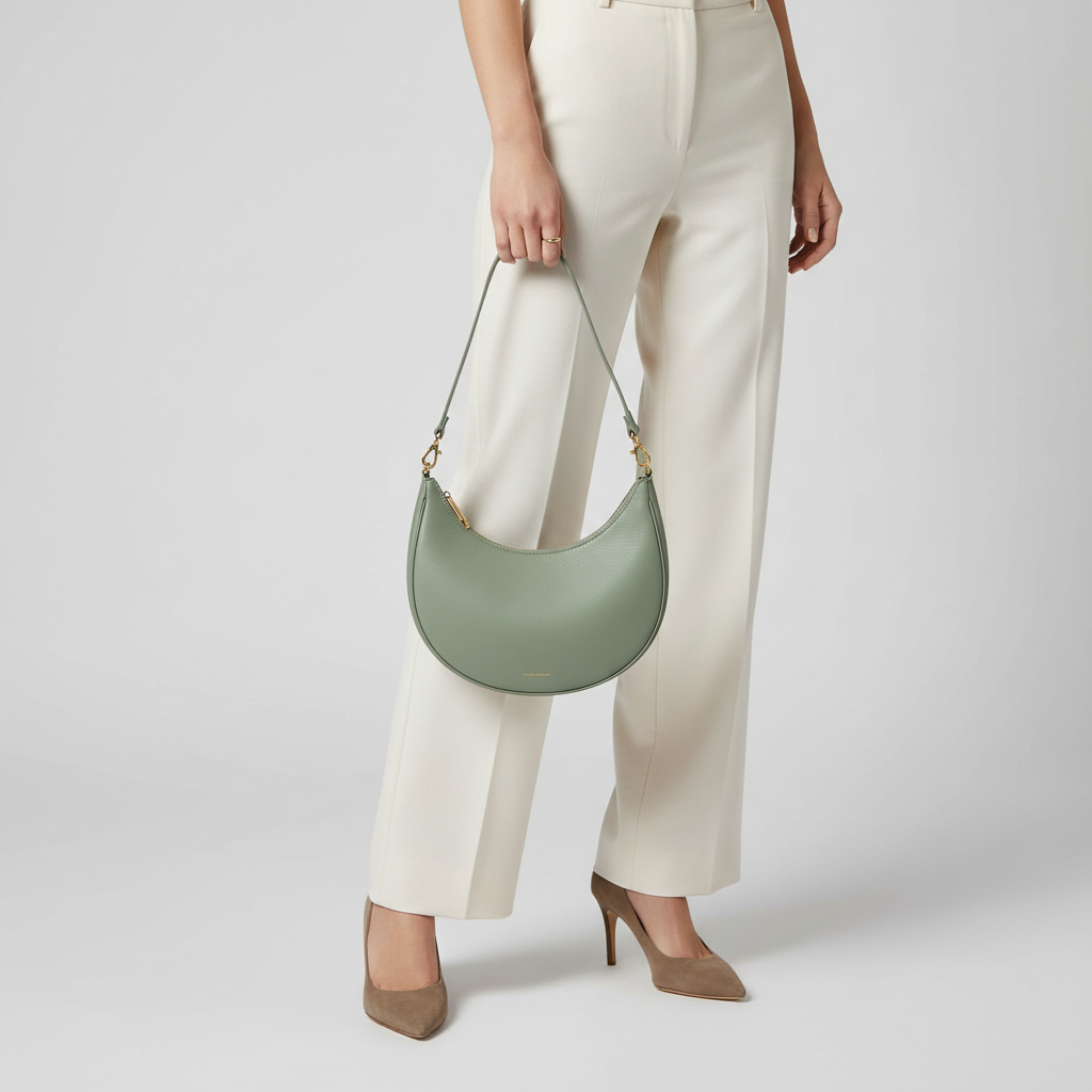 Aria Crescent Mini Bag in Sage Green - Female Model Carrying Bag