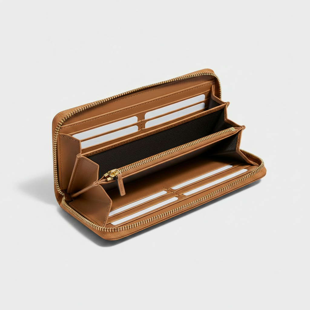 Amelia Zip Wallet Camel — Open Interior View