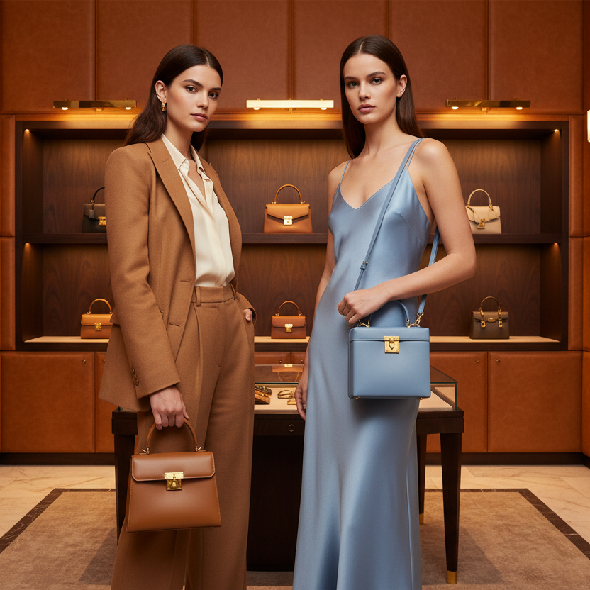 Tan Bag & Blue Box Bag — Two Female Models