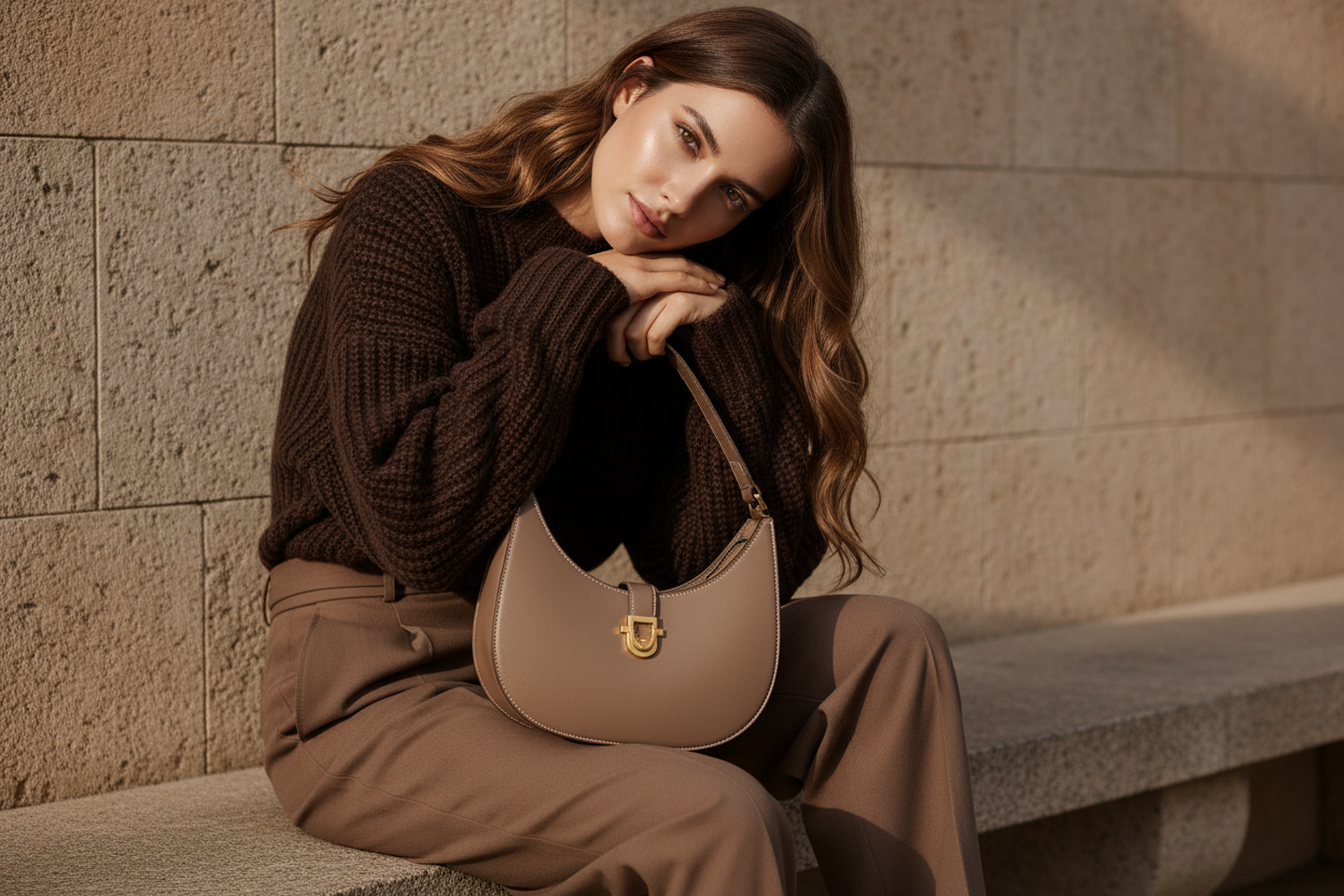 Taupe Leather Shoulder Bag Editorial